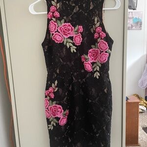 Black Lace Dress with Pink Floral Embroidery